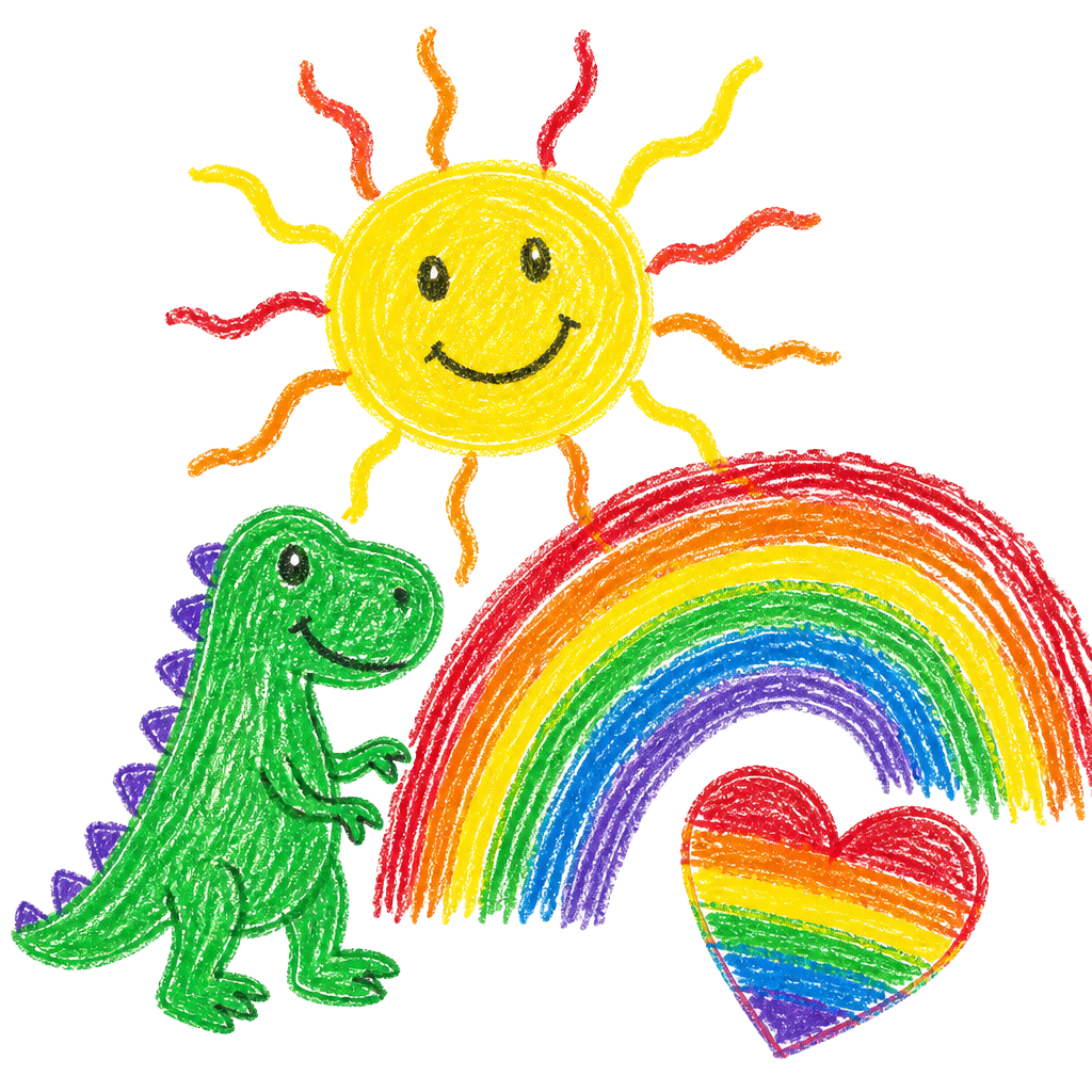 Barnteckning med sol, dinosaurie, regnbåge och hjärta